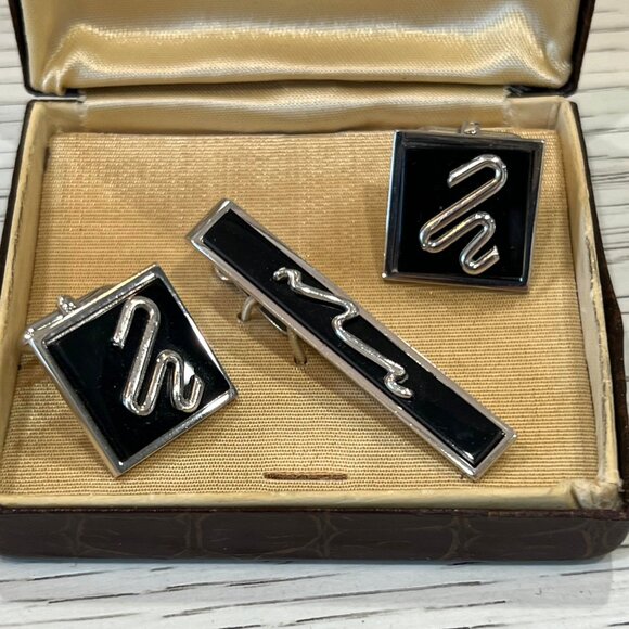 Vintage Swank Cufflinks & Tie Clip Black & Silver Classic in Original Box - Picture 2 of 9